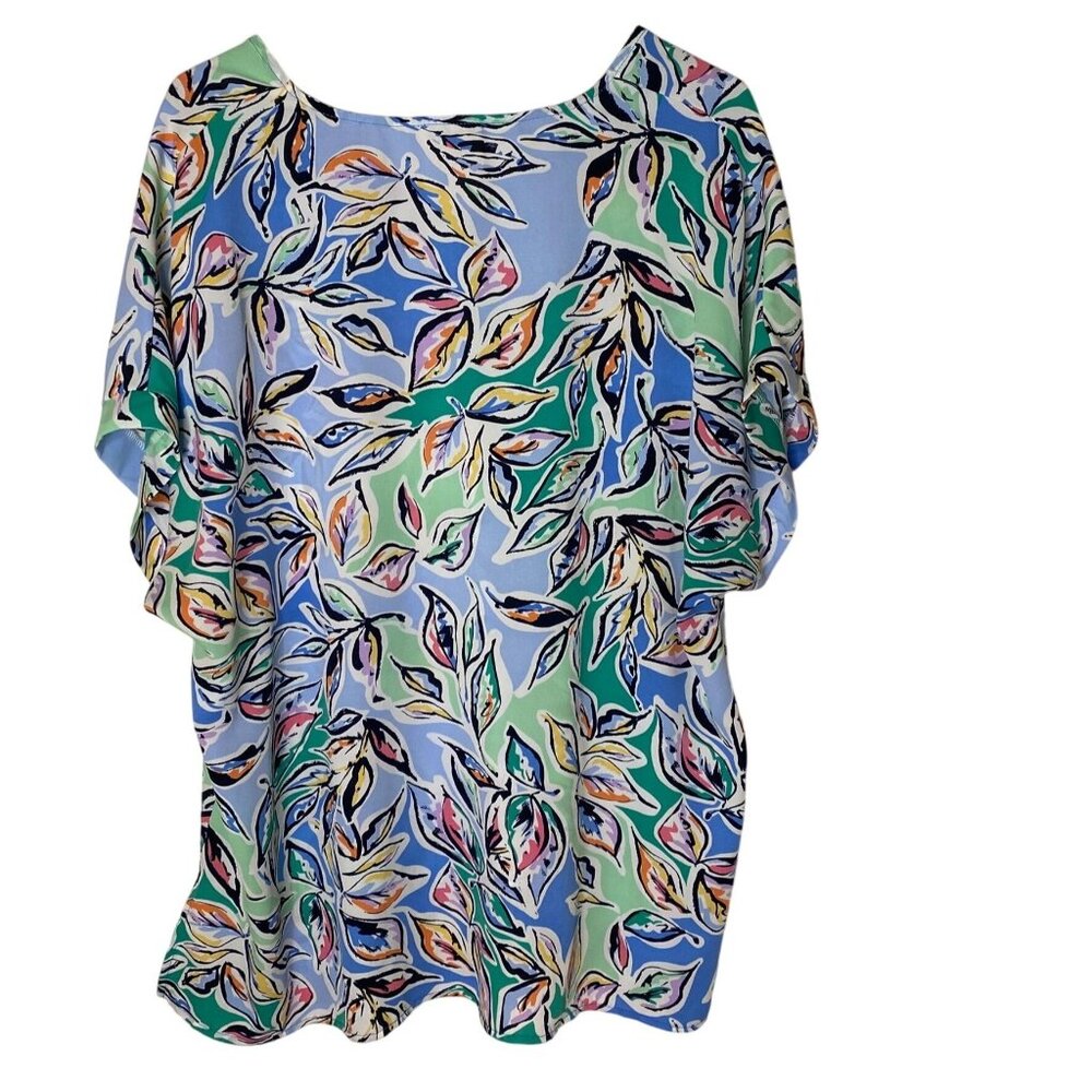 Boho Leaf Print Blouse • Cotton Bleu 1X • Cap Sleeve • Made in USA - Picture 2 of 6